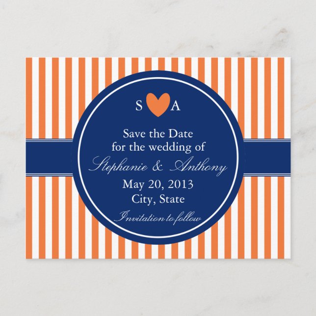 Monogram Orange and White Stripes with Royal Blue Announcement Postcard (Front)