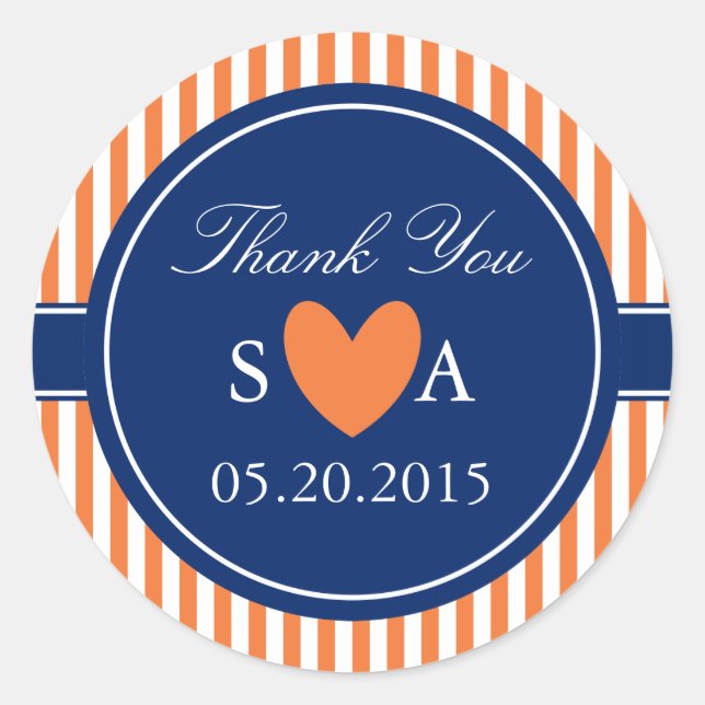 Monogram Orange and White Stripes with Royal Blue Classic Round Sticker (Front)