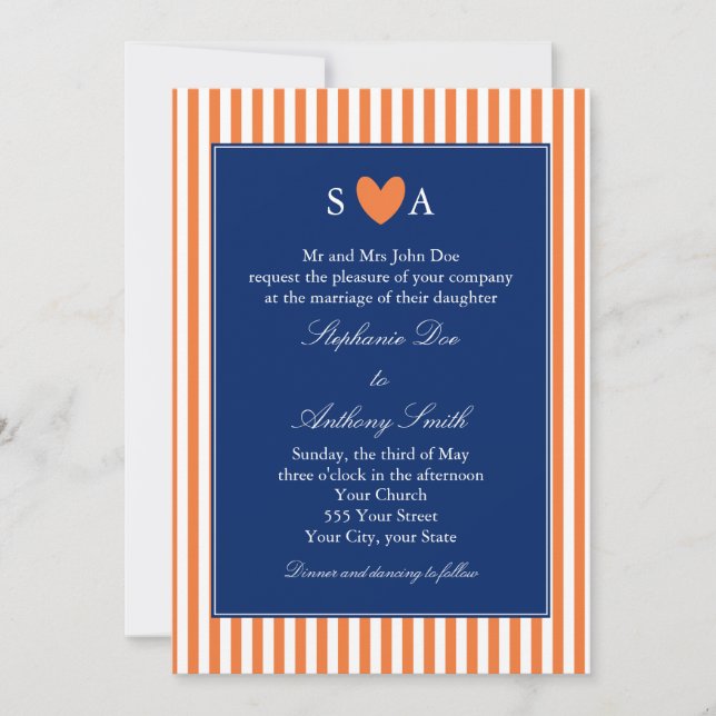 Monogram Orange and White Stripes with Royal Blue Invitation (Front)