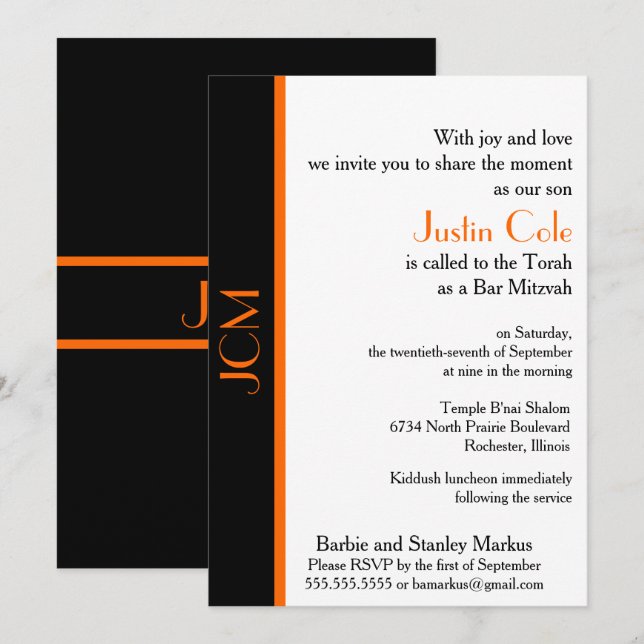 Monogram Orange Black Bar Mitzvah Invitation (Front/Back)