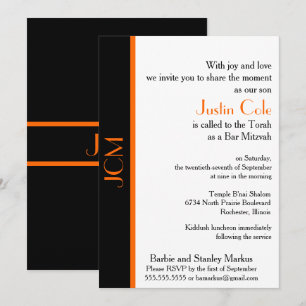 Monogram Orange Black Bar Mitzvah Invitation
