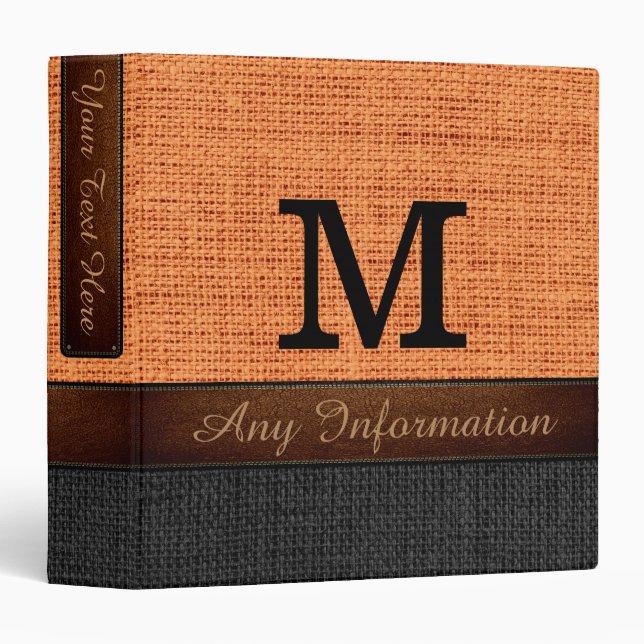 Monogram Orange & Black Burlap Rustic Jute Binder (Front/Spine)