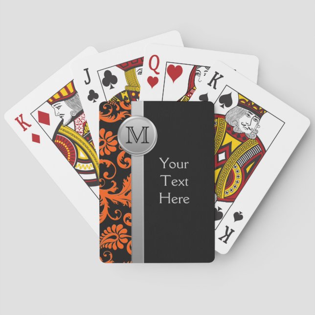 Monogram Orange Black Silver Damask Playing Cards (Back)