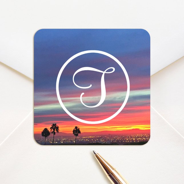 Monogram orange blue clouds sunset photo custom square sticker (Creator Uploaded)