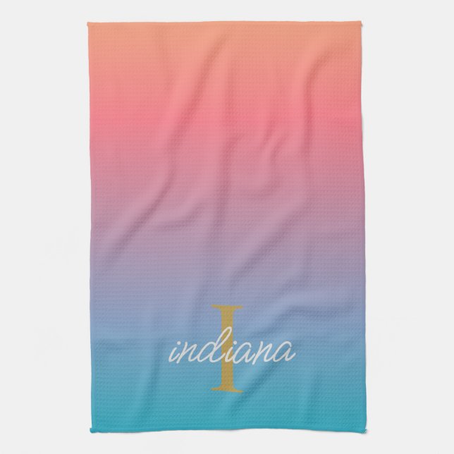 Monogram Orange Blue Ombre Modern Script Name Kitchen Towel (Vertical)