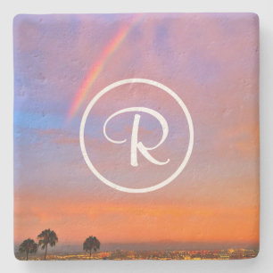 Monogram Orange Blue Sunset Rainbow Photo Stylish Stone Coaster