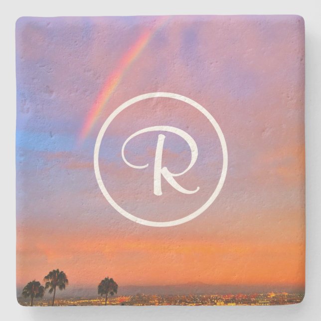 Monogram Orange Blue Sunset Rainbow Photo Stylish Stone Coaster (Front)