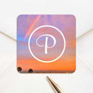 Monogram Orange Blue Sunset Rainbow Photography Square Sticker