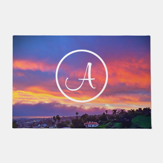 Monogram Orange Blue Yellow Sunset Coastal Photo Doormat (Front)