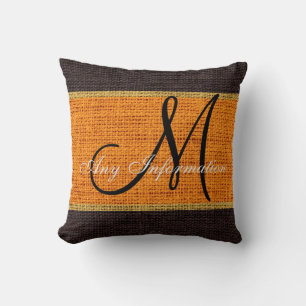 Monogram Orange & Brown Rustic Burlap Jute Throw Pillow