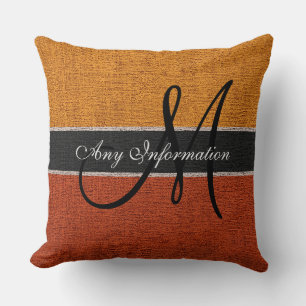 Monogram Orange Burlap Rustic Jute Throw Pillow