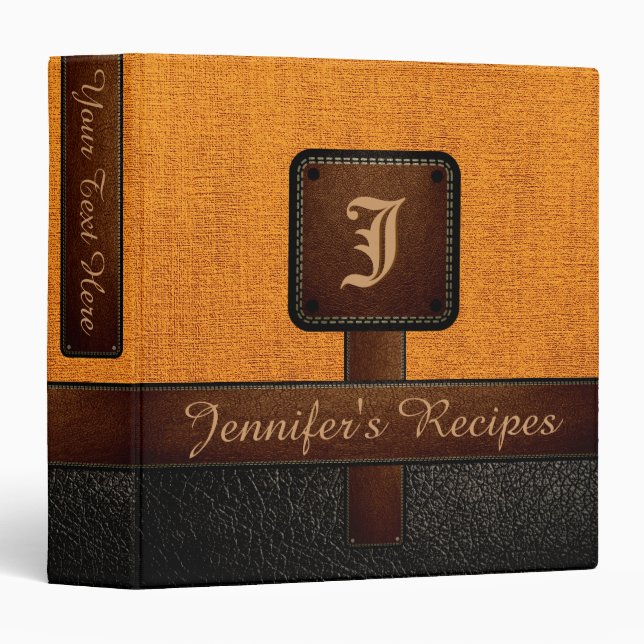 Monogram Orange Burlap Rustic Leather Look Binder (Front/Spine)