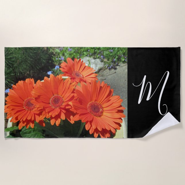 Monogram Orange Daisy Photo  Beach Towel (Front)