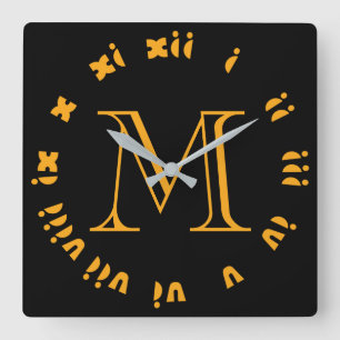 Monogram Orange Fat Roman Numerals On Black wccnt Square Wall Clock