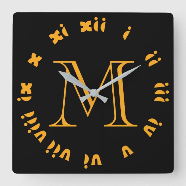 Monogram Orange Fat Roman Numerals On Black wccnt Square Wall Clock (Front)