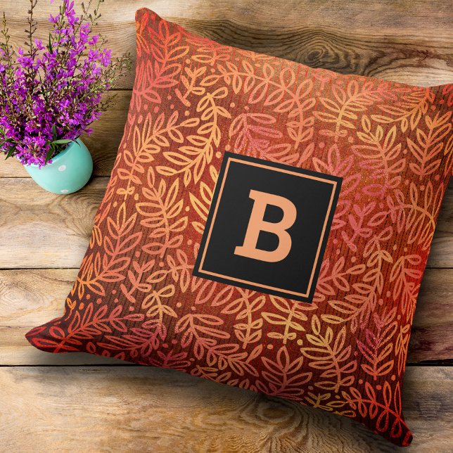 Monogram orange gold leaf pattern foliage modern throw pillow (Creator Uploaded)