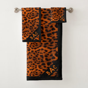Monogram Orange Leopard Print Bath Towel Set