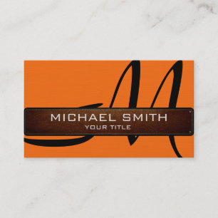 Monogram Orange Modern Leather Look Business Card