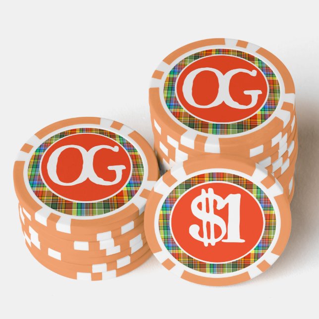 Monogram Orange Plaid Personalized Colourful Poker Chips (Stack)
