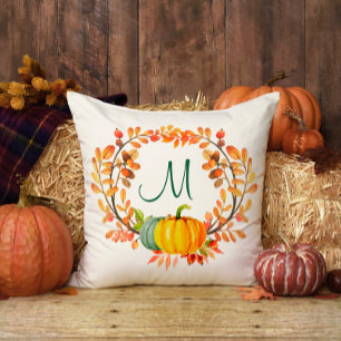 Monogram Orange Plaid Tartan Fall Pumpkin Floral Throw Pillow