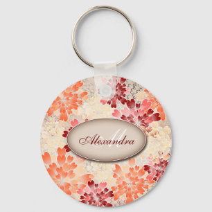 Monogram Orange Red & Cream Flowers Retro Keychain