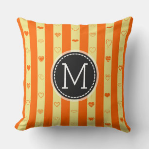 Monogram Orange Stripes Modern Heart Pattern Throw Pillow