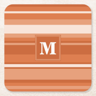 Monogram orange stripes square paper coaster