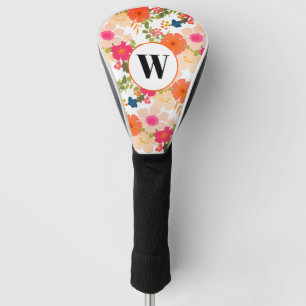 Monogram Orange Watercolor Floral  Golf Head Cover