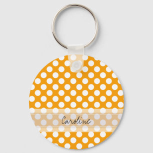 Monogram Orange White Trendy Fun Polka Dot Pattern Keychain