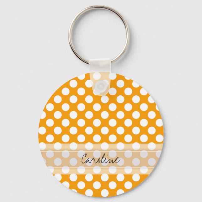 Monogram Orange White Trendy Fun Polka Dot Pattern Keychain (Front)