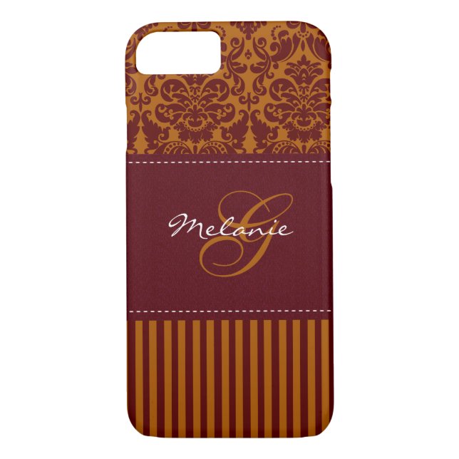Monogram Orange, Wine Damask Stripe iPhone 7 Case (Back)