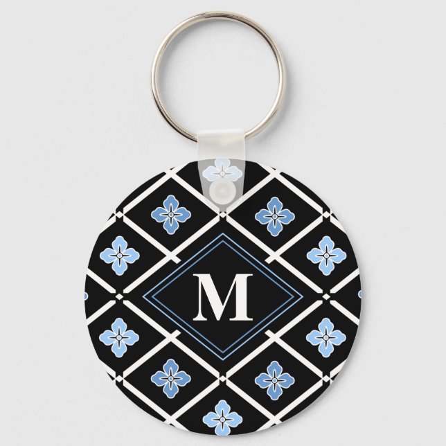 Monogram Oriental Blue Sakura Pattern Keychain (Front)