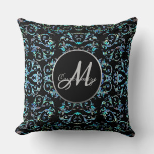 Monogram Ornate Blue Pearl Floral Throw Pillow