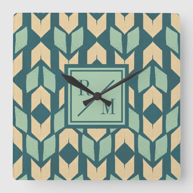 Monogram | Outdoor Geo Step | Geometric Teal Arrow Square Wall Clock (Front)