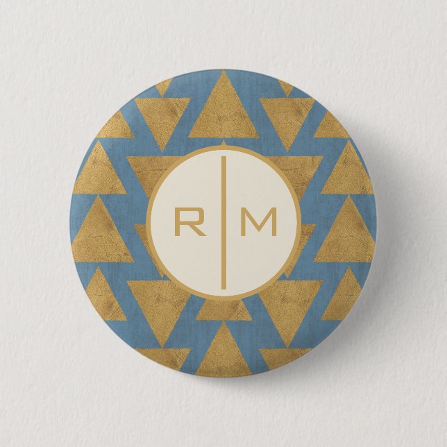 Monogram | Outdoor Geo Step | Gold & Blue Pattern 2 Inch Round Button (Front)