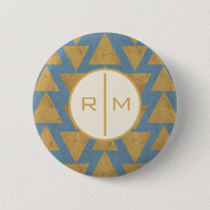 Monogram Outdoor Geo Step Gold & Blue Pattern 2 Inch Round Button