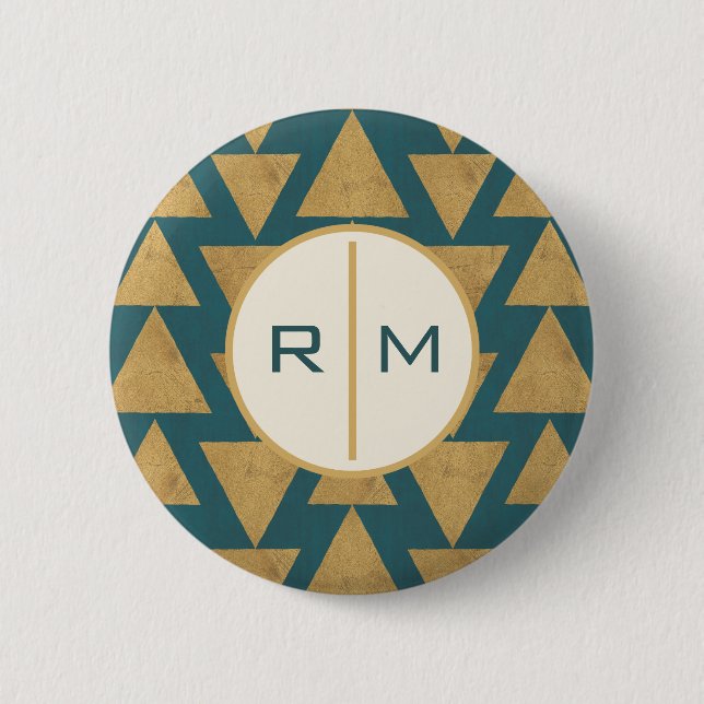 Monogram | Outdoor Geo Step | Gold & Dark Teal Pat 2 Inch Round Button (Front)