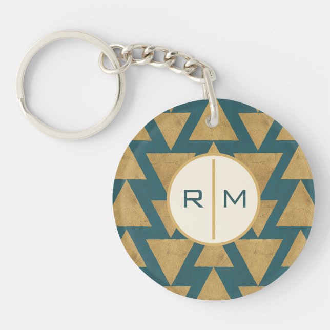 Monogram | Outdoor Geo Step | Gold & Dark Teal Pat Keychain (Front)