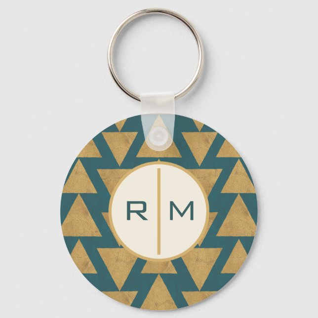 Monogram | Outdoor Geo Step | Gold & Dark Teal Pat Keychain (Front)