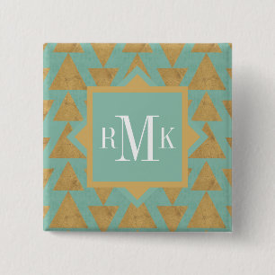 Monogram Outdoor Geo Step Gold & Teal Pattern 2 Inch Square Button