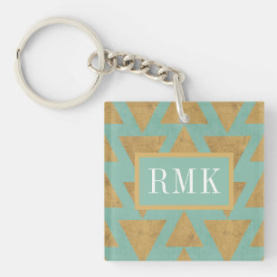 Monogram   Outdoor Geo Step   Gold & Teal Pattern Keychain