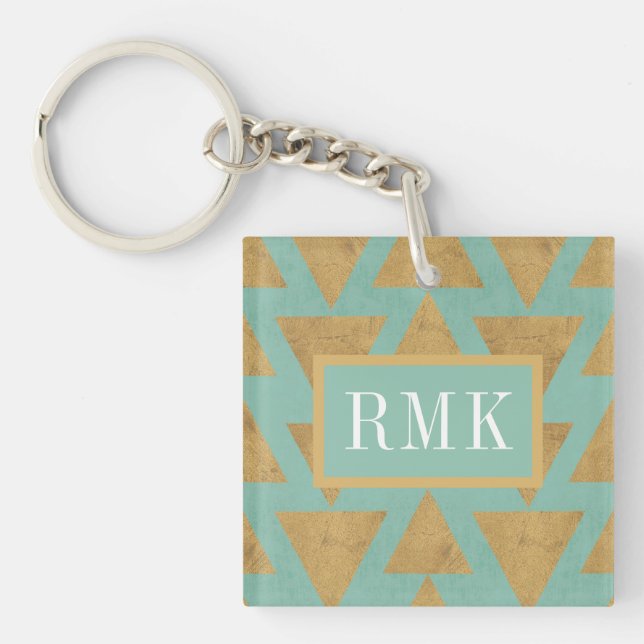 Monogram | Outdoor Geo Step | Gold & Teal Pattern Keychain (Front)