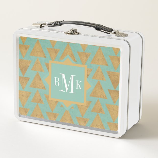 Monogram | Outdoor Geo Step | Gold & Teal Pattern Metal Lunch Box (Front)