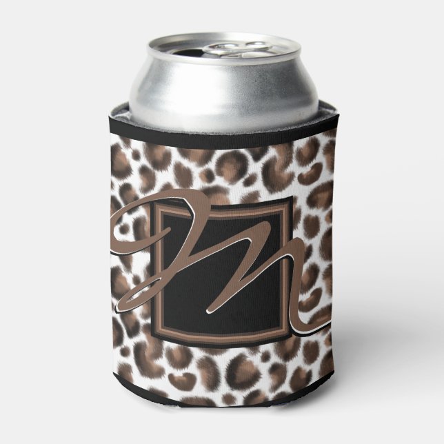 Monogram Outside The Box Black Brown Leopard Print Can Cooler (Can Front)