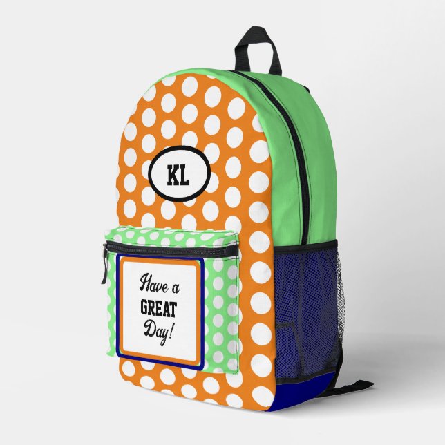 Monogram Oval Great Day Polka Dots Orange Green Printed Backpack (Back Corner Right)