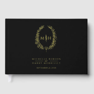 Monogram oval leaves gold black wedding  guest book