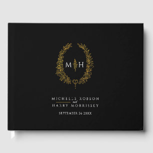 Monogram oval leaves heart black white wedding guest book