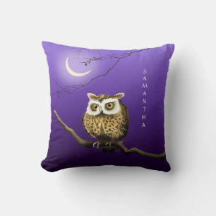 Monogram Owl Night Moonlight Blue Throw Pillow