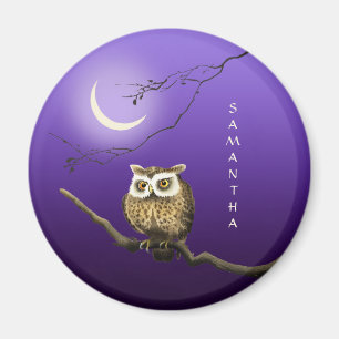 Monogram Owl Night Moonlight Dark Blue Magnet