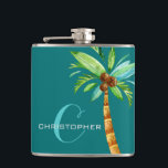 Monogram Own Name Elegant Teal Palm Groomsmen Hip Flask<br><div class="desc">This elegant tropical wedding favour flask can be personalized with the name and monogram initial of your best man, groomsmen, usher, father of the bride, father of the groom, or anyone else in your wedding party. Features a teal turquoise blue background, a tropical palm tree, and elegant hand lettered script...</div>